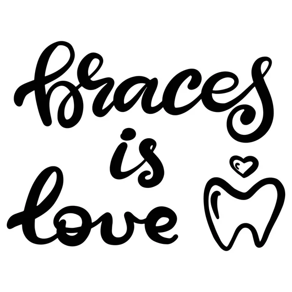 Lettering illustration about dental health care with the image of braces on teeth. EPS10. Vector image of the stages of orthodontic treatment for posters for dental clinic.