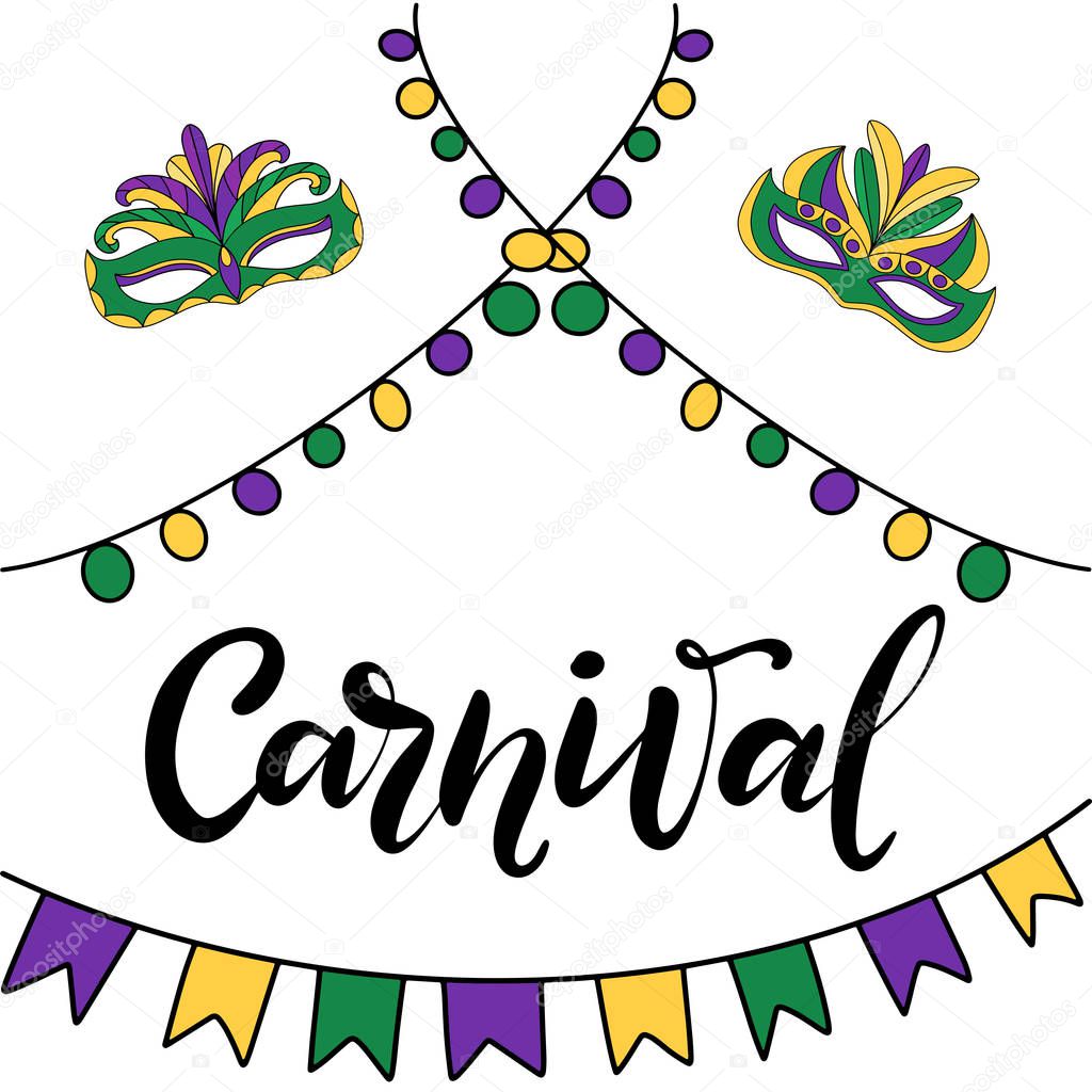 Vector hand drawn lettering illustration eps10 for Mardi gras carnival poster, brochure, logo, greeting card, party invitation with fat tuesday mask with feathers in purple, gold, yellow, green colors