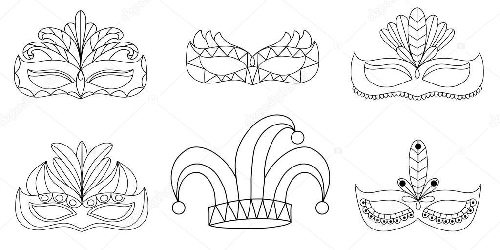 Vector hand drawn illustration eps10 for Mardi gras carnival poster, brochure, logo, greeting card, party invitation with fat tuesday mask with feathers in purple, gold, yellow, green colors.