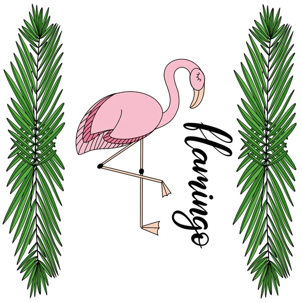 Flamingo, tropical leaves lettering  illustration