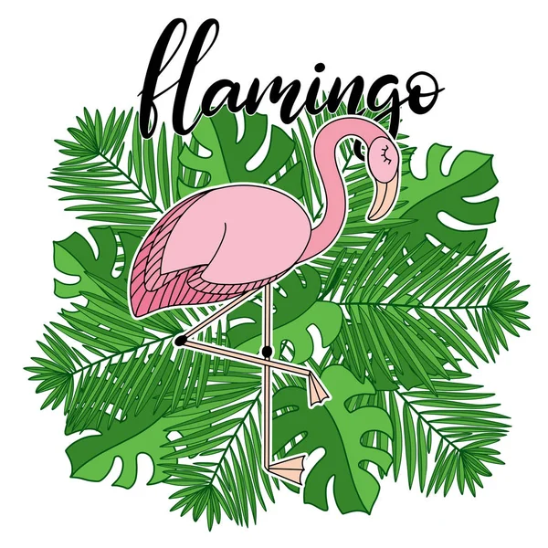 Flamenco, hojas tropicales ilustración de letras — Archivo Imágenes Vectoriales