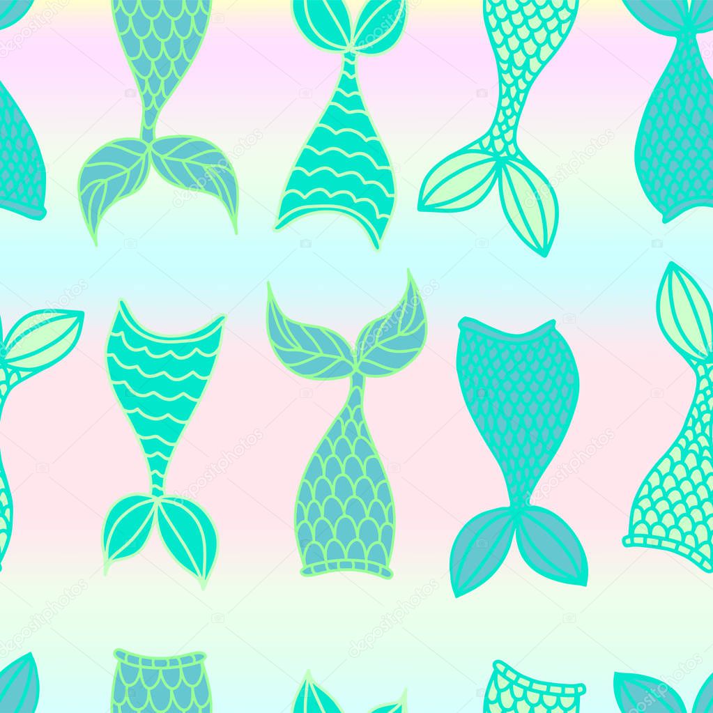 Vector seamless pattern illustration with mermaid scale, starfish in cartoon style for fabric print, invitation birthday card, poster. Childish design for room. EPS10