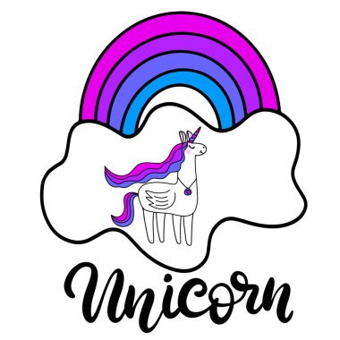 Tek boynuzlu at yazı vektör çizim