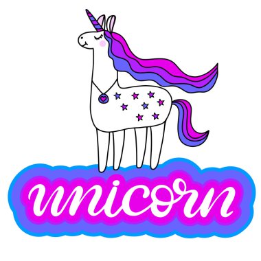 Tek boynuzlu at yazı vektör çizim