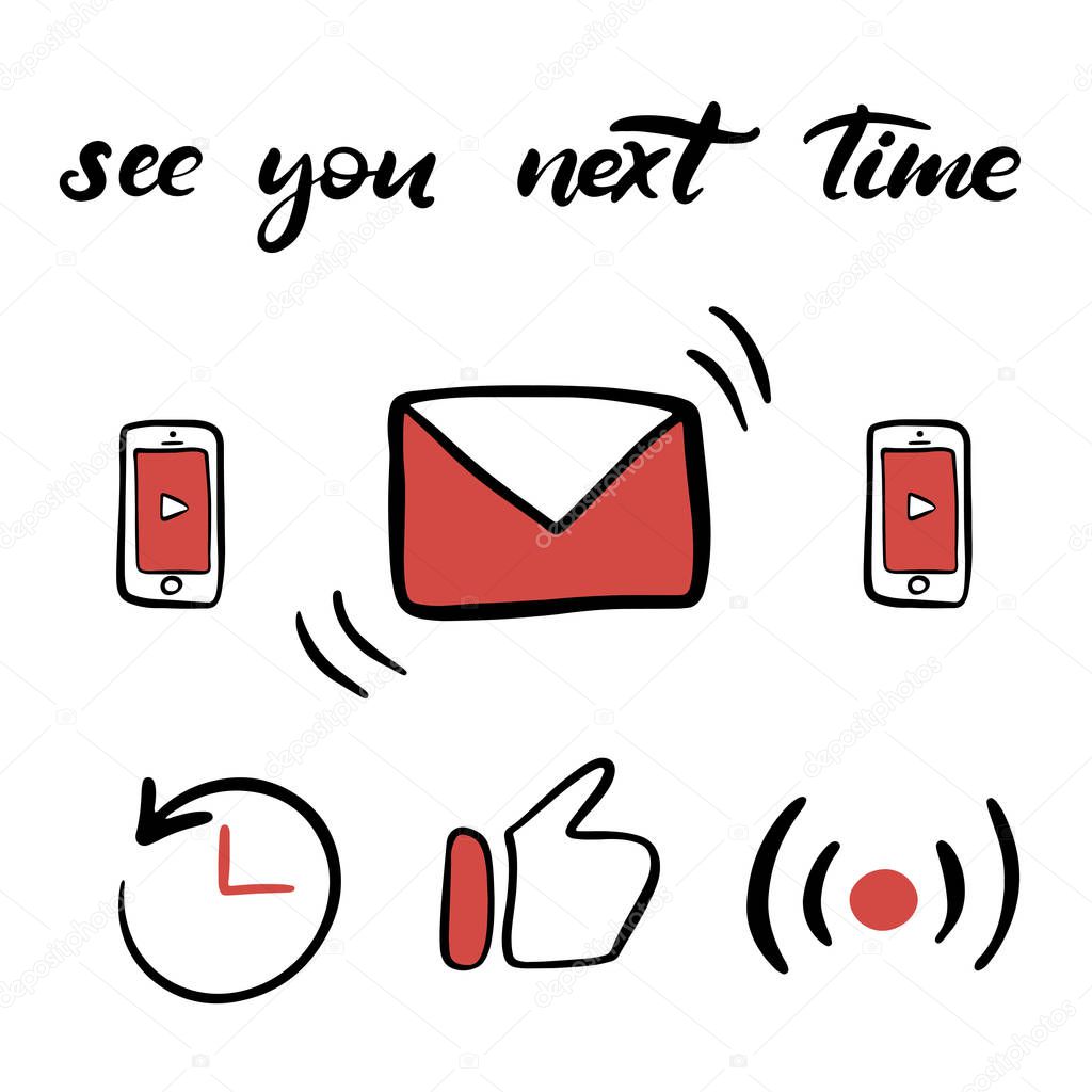 Vector illustration of lettering icon set for youtube channel. Template with elements for social media web, mobile apps stickers. Blogging content. Subscribe, comment, notification, like button. EPS10