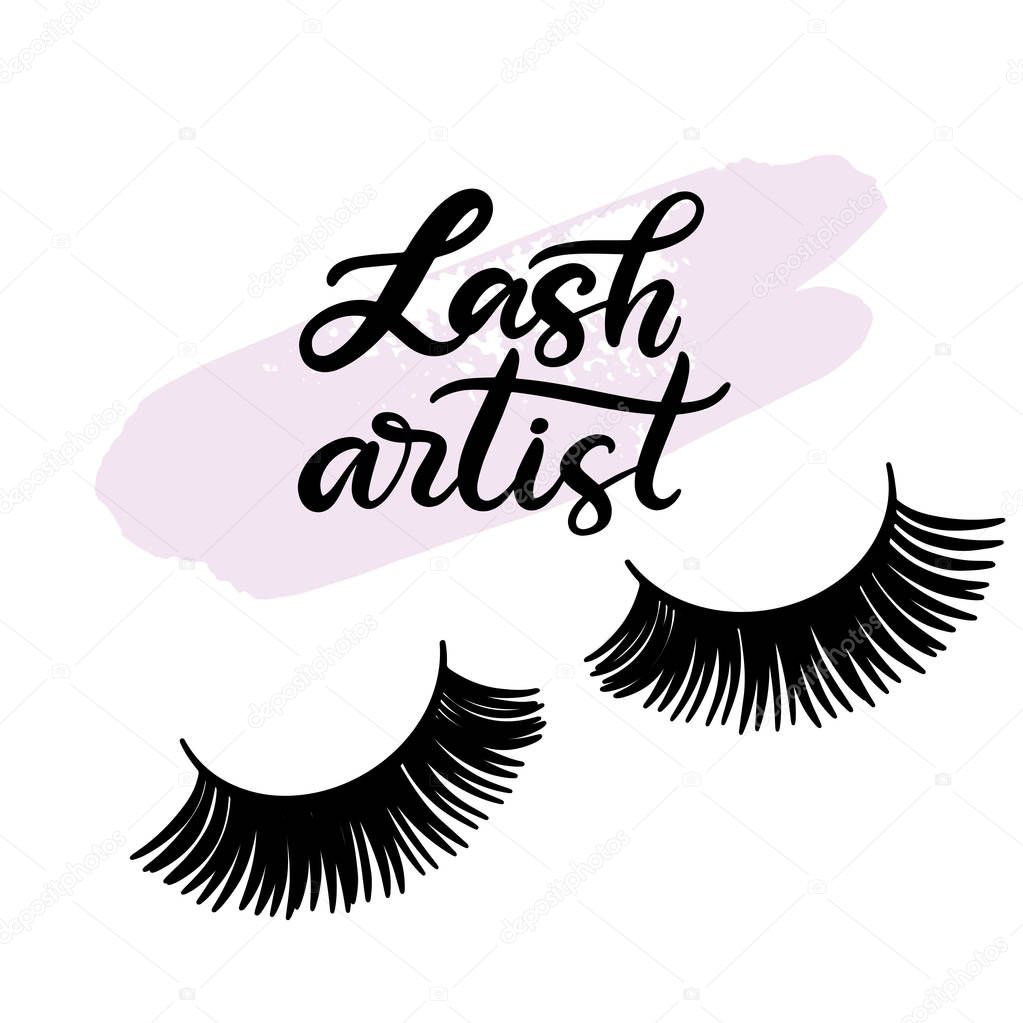 Lashes lettering vector illustration for beauty salon, fashion blog, logo, false eyelashes extensions maker, brow master, professional makeup artist. EPS10