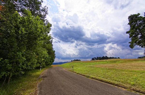 Prachtige Hemel Met Wolken Het Veld Buurt Van Het Bos — Stockfoto