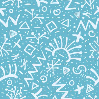 Memphis mavi desenli soyut arka plan geometrik deseni ve farklı şekiller. 