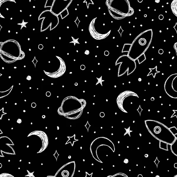 Vzor Čmáranice Noční Oblohou Měsíc Saturn Raketa Hvězdy Hladké Pozadí — Stock fotografie