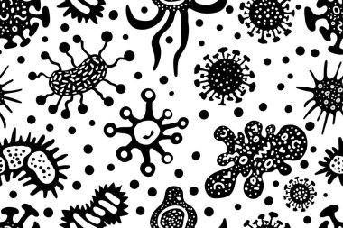 Enfeksiyon bakterisi mikrop mikrobu salgını. Virüs el çizimi kusursuz desen çizimi.