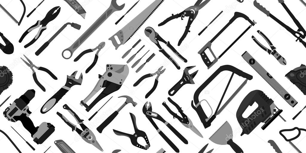 Building hand tools seamless pattern Equipment for repair background