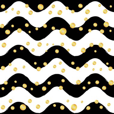 Siyah ve beyaz geometrik arkaplan. Dalgalar, altın parıltılı polka noktalarıyla kusursuz desen. 