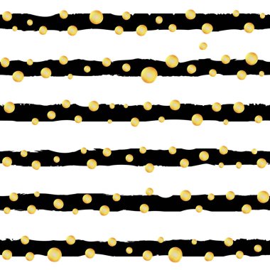 Soyut yatay monokrom çizgili grunge deseni. El, altın parıltılı polka noktalarıyla siyah mürekkep şeridi arkaplanı çizdi. 