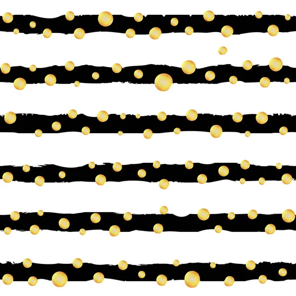 Soyut yatay monokrom çizgili grunge deseni. El, altın parıltılı polka noktalarıyla siyah mürekkep şeridi arkaplanı çizdi. 