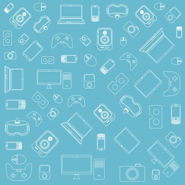 Gadget ve aygıt desen koleksiyonu Bilgisayar donanım bileşenleri ve elektronik aksesuarlar kümesi