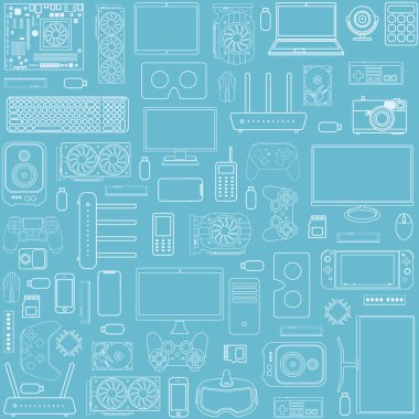 Gadget ve aygıt desen koleksiyonu Bilgisayar donanım bileşenleri ve elektronik aksesuarlar kümesi