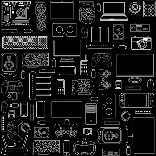 Aparelhos Dispositivos Coleção Padrões Conjunto Componentes Hardware Computador Acessórios Eletrônicos — Fotografia de Stock