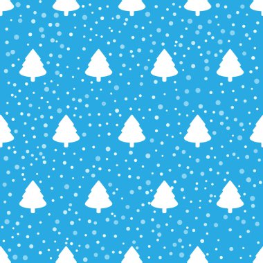 Tarafsız bir zemin üzerinde kar taneleri olan çizgi film Noel ağaçlarıyla kusursuz bir desen.