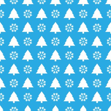 Tarafsız bir zemin üzerinde kar taneleri olan çizgi film Noel ağaçlarıyla kusursuz bir desen.