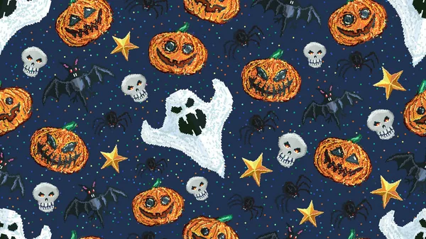 Halloween Bezešvé Vzor Pixel Art Styl Holiday Background — Stock fotografie