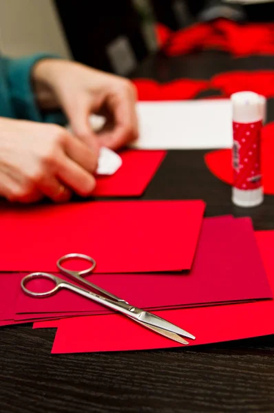 Female Hands Busy Valentine Day Paper Hearts Cut Outs — Stock Photo, Image