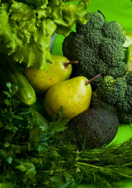 Variety Healthy Organic Green Food Vegetables Fruit — Stock Photo, Image