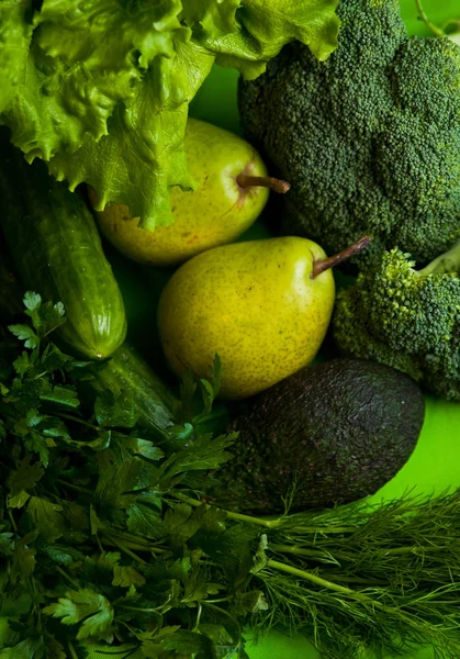 Variedade Alimentos Verdes Orgânicos Saudáveis Legumes Frutas — Fotografia de Stock