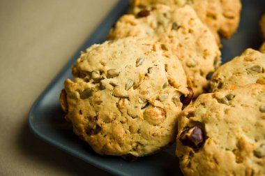 Sağlıklı ve besleyici ev yapımı kurabiye yapılmış un, tereyağı, ayçiçeği tohumu, kızılcık, Kuru üzüm ve fındık. Lezzetli diyet gıda.