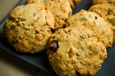 Sağlıklı ve besleyici ev yapımı kurabiye yapılmış un, tereyağı, ayçiçeği tohumu, kızılcık, Kuru üzüm ve fındık. Lezzetli diyet gıda.