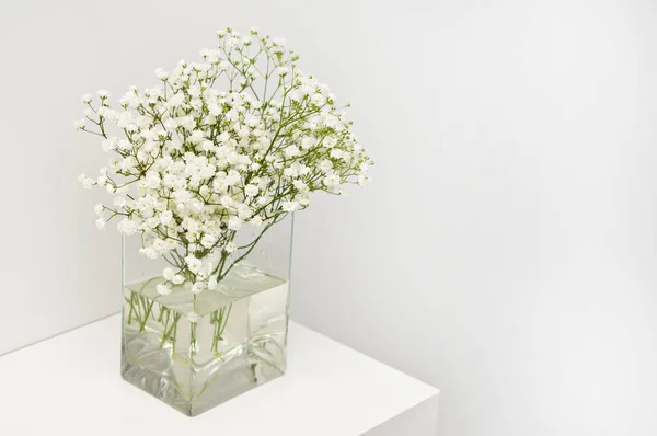 Bílé květy na skleněné vázy domácí dekorace. — Stock fotografie
