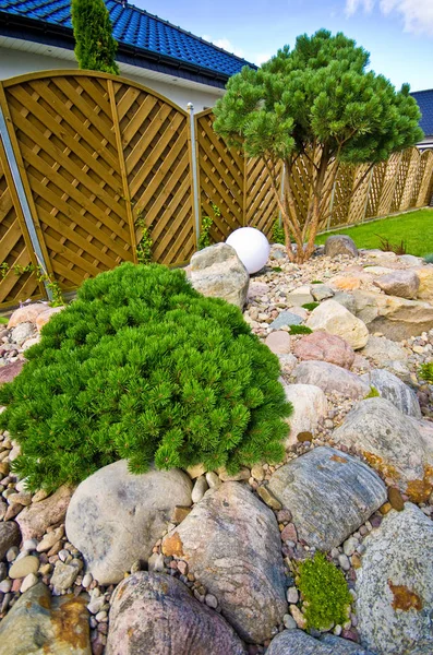 Het maken van nieuwe huis tuin decoraties, het planten van groenblijvende bomen en — Stockfoto