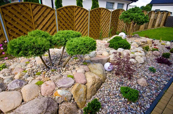 Fare nuove decorazioni giardino di casa, piantare alberi sempreverdi e — Foto Stock