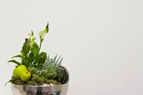 Blumenhändler machte Schale mit Blumen in Metallschale — Stockfoto