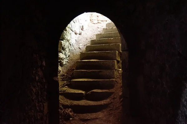 Выход из сводчатого подвала в руинах замка летом — стоковое фото