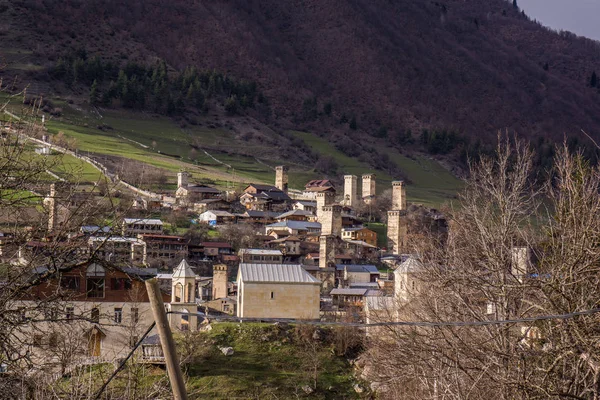 Sunset in town of mestia — Stock Photo, Image