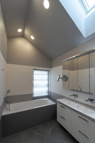 Bathroom Interior Attic Bath Cabinet Sink Two Water Taps Mirror — Stock Photo, Image