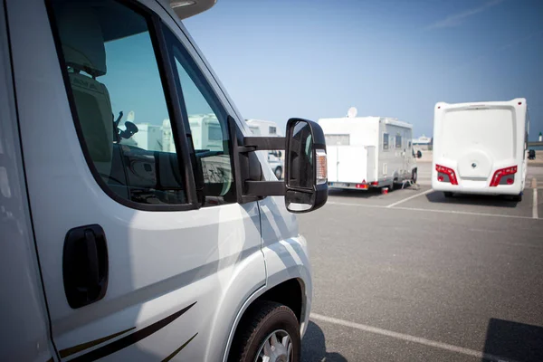 Front Motorhome Several Motorhomes Parked Background — Stock Photo, Image