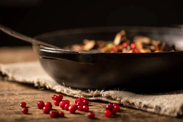 Bunch Lingonberries Placed Rustic Wooden Table Black Pot Food Background — Stock Photo, Image