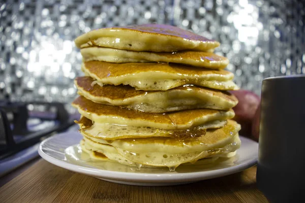 Amerikanska Pannkakor Pannkakor Gott Och Snabbt Frukost Med Kakao — Stockfoto