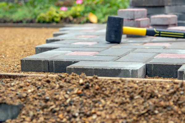 Evin yakınındaki kaldırım cihazı. Bir tuğlacı kaldırım için beton kaldırım taşları serer. Seçici odak