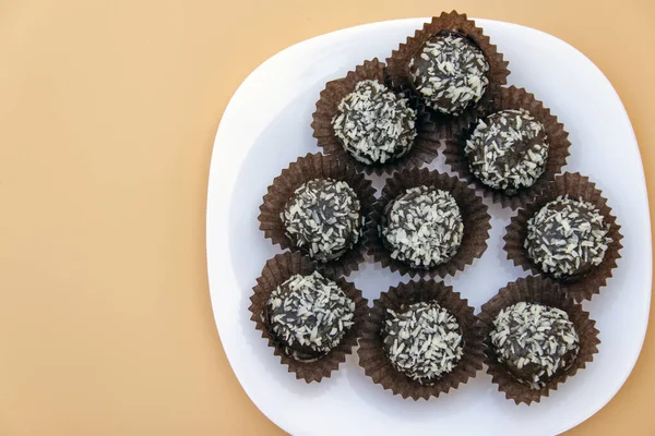 Coconut Petit Four Juicy Chocolate Sponge Cake Coconut Filling Topping — Stock Photo, Image