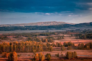 Dağların sonbahar manzarası renkli ormanlarla dolu.