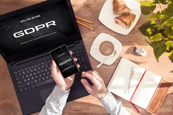 Man Has Gdpr Message His Smartphone Laptop Display Conception General — Stock Photo, Image