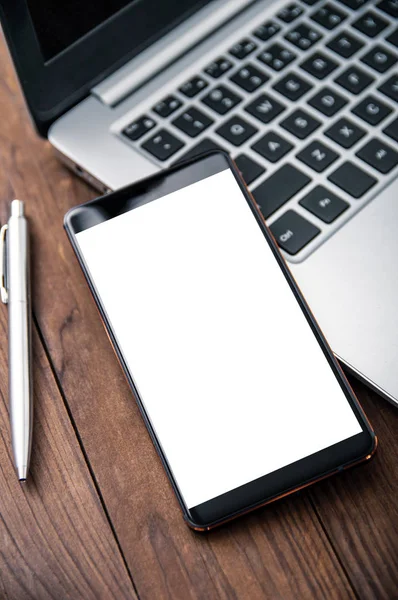 Smartphone Moderno Con Pantalla Blanca Encuentra Escritorio Madera —  Fotos de Stock