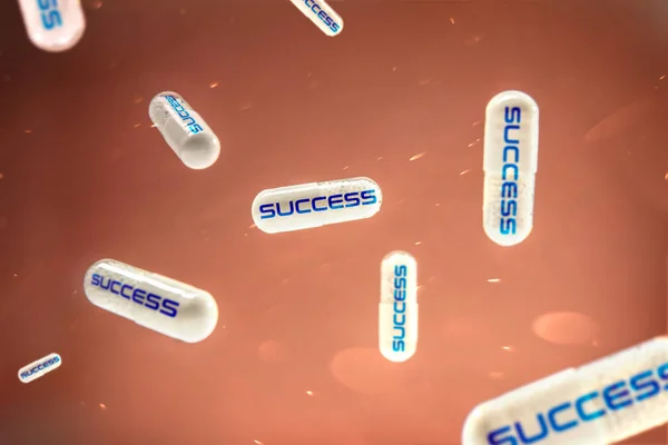 Pilules avec "succès" signe accroche sur le fond rouge Image En Vente
