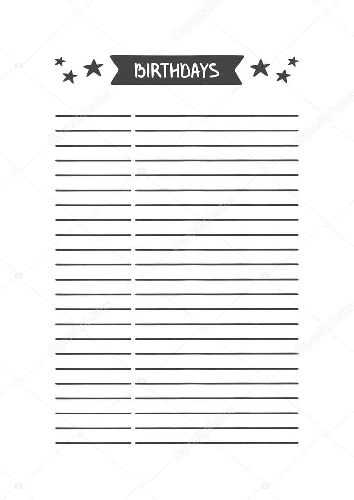 Birthdays. Vector Template for Agenda, Planner and Other Stationery.