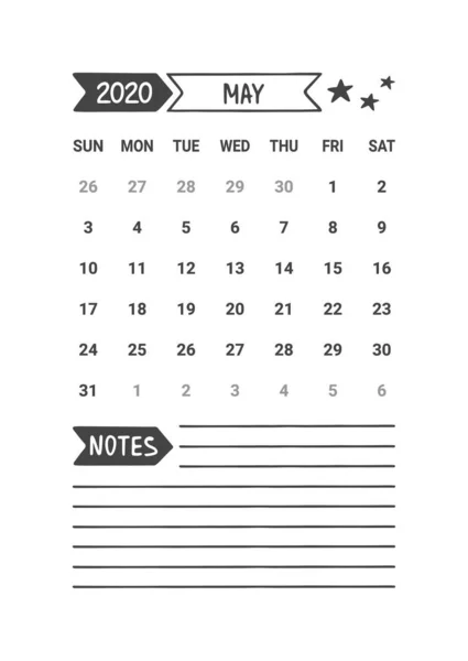 Pianificatore del calendario vettoriale con note per maggio 2020 — Vettoriale Stock