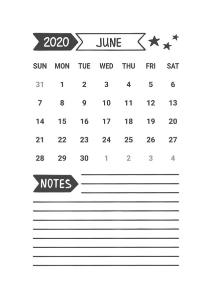 Vektor kalender planerare med noter för juni 2020 — Stock vektor