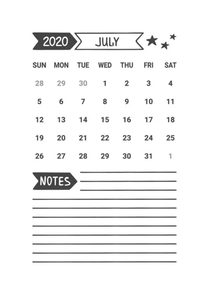 Vektor kalender planerare med noter för juli 2020 — Stock vektor