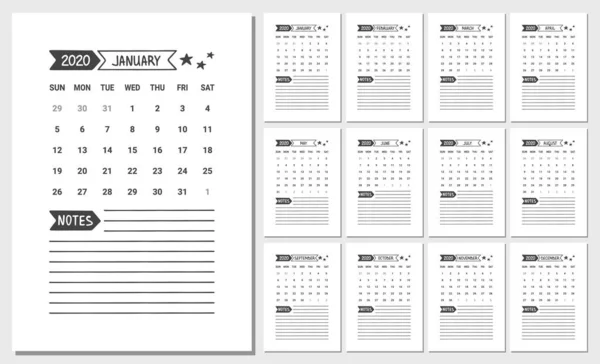 Vektor kalender Planner med anteckningar för 2020 år — Stock vektor